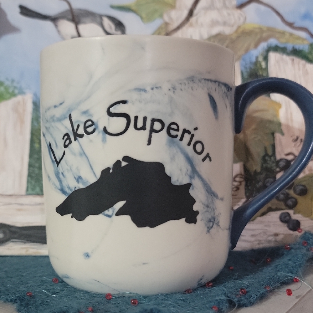 Lake Superior Ceramic Mug with Blue Handle